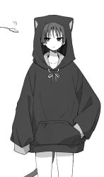  1boy animal_hood arm_at_side blunt_ends bright_pupils cat_hood cat_tail closed_mouth collarbone drawstring expressionless genshin_impact hand_in_pocket highres hood hood_up hoodie male_focus mi_gnsn monochrome parted_bangs pocket scaramouche_(genshin_impact) sideways_glance sleeves_past_fingers sleeves_past_wrists solo standing tail undershirt white_background white_pupils 