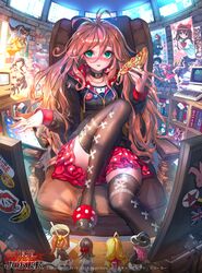  1girl :d animal_ears black_legwear blonde_hair blue_eyes blush book bunnysuit chair computer_keyboard copyright_name dospi figure food furyou_michi_~gang_road~ green_eyes highres jacket jewelry long_hair looking_at_viewer monitor necklace open_mouth orange_hair parted_lips pink_hair pizza ponytail poster_(object) rabbit_ears sitting slippers smile solo teeth thigh-highs touchscreen twintails 