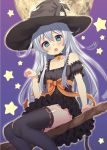  blue_eyes blue_hair blush broom halloween hat hibiki_(kantai_collection) kantai_collection long_hair night personification witch 