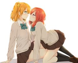  2girls blue_eyes incipient_kiss kneehighs kousaka_honoka looking_at_each_other love_live!_school_idol_project multiple_girls nishikino_maki orange_hair redhead school_uniform shiina_kuro side_ponytail skirt tagme violet_eyes 