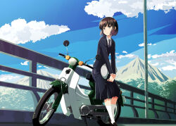  1girl black_hair blue_sky clouds commentary_request helmet highres holding holding_helmet honda honda_super_cub izumi_mahiru jacket koguma_(super_cub) looking_to_the_side moped motor_vehicle mountain mountainous_horizon necktie outdoors railing short_hair skirt sky smile solo super_cub yellow_eyes 