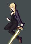  absurdres artist_request blush breasts cleavage excalibur fate/stay_night fate/zero fate_(series) formal grey_background highres looking_at_viewer low_ponytail necktie pants saber shadow simple_background small_breasts suit 