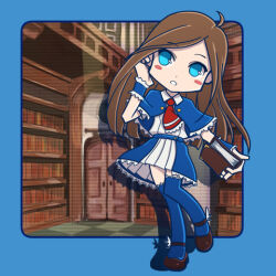  1girl ascot bad_id bad_pixiv_id blue_capelet blue_eyes blue_thighhighs book bookshelf brown_hair capelet castlevania:_portrait_of_ruin castlevania_(series) charlotte_aulin door holding holding_book long_hair lowres parody parted_lips puyopuyo red_ascot skirt stupa13a style_parody thigh-highs 