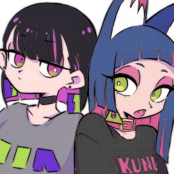  2girls :o animal_ears black_choker black_hair blue_hair cat_ears cat_girl choker clothes_writing colored_inner_hair earrings expressionless green_eyes grey_shirt highres jewelry kung-fu-piggy loku looking_at_another multicolored_hair multiple_girls nira-chan open_mouth pink_eyes sammy_(kung-fu-piggy) shirt triangle_earrings upper_body zutto_mayonaka_de_ii_no_ni 