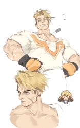  1boy blonde_hair blue_eyes chibi chibi_inset dog_tags fingerless_gloves forked_eyebrows gloves grin hands_on_own_hips highres looking_at_viewer looking_to_the_side luke_sullivan male_focus mma_gloves multicolored_clothes multicolored_gloves multicolored_shirt multiple_scars multiple_views muscular muscular_male notice_lines parted_lips pectorals print_shirt scar scar_across_eyes scar_on_arm scar_on_cheek scar_on_face shirt short_sleeves simple_background smile solo street_fighter street_fighter_6 teeth titanium886 unfinished white_background white_shirt 