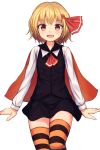  1girl blonde_hair blush cape dress_shirt fang hair_ribbon halloween highres long_sleeves looking_at_viewer open_mouth red_eyes ribbon rumia shirt shone short_hair simple_background skirt smile solo striped striped_legwear thigh-highs touhou vest white_background zettai_ryouiki 