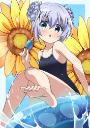  1girl :o absurdres barefoot blue_eyes blue_hair braid braided_bun double_bun feet floral_background flower food foot_focus gochuumon_wa_usagi_desu_ka? hair_bun hair_ornament highres holding holding_food holding_popsicle kafuu_chino legs lifebuoy light_blue_hair long_hair melting open_mouth popsicle popsicle_stick school_swimsuit sitting solo sunflower swim_ring swimsuit toes tokiani water x_hair_ornament 