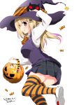  1girl :p artist_name blonde_hair breasts brown_eyes candy halloween hat highres jack-o&#039;-lantern long_hair original pumpkin ragho_no_erika school_uniform skirt smile solo striped striped_legwear sweater_vest thigh-highs tongue tongue_out witch_hat 