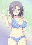  1girl :d bikini black_hair blue_eyes blush bow breasts cleavage groin hair_bow ichiryuu_tsumiki large_breasts looking_at_viewer navel open_mouth polka_dot polka_dot_bikini polka_dot_swimsuit senran_kagura senran_kagura_(series) short_hair smile solo sparkle swimsuit yumi_(senran_kagura) 