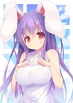  1girl animal_ears blush breasts highres ken123456 large_breasts long_hair looking_at_viewer purple_hair rabbit_ears red_eyes reisen_udongein_inaba shirt sleeveless sleeveless_shirt smile solo touhou upper_body 