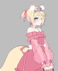  1girl alternate_costume animal_ears bare_shoulders blonde_hair blue_eyes blush bow commentary curry_bowl dog_ears dog_girl dog_tail dress english_commentary grey_background hair_ornament hololive hololive_english long_sleeves mococo_abyssgard multicolored_hair off-shoulder_dress off_shoulder pink_dress pink_hair ponytail silver_tiara simple_background solo star_(symbol) star_hair_ornament streaked_hair tail tiara virtual_youtuber 