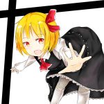  1girl :d bent_over blonde_hair fang frilled_skirt frills hair_ribbon open_mouth orange_eyes outstretched_arms ribbon rumia shirt short_hair skirt smile spread_arms touhou vest yoko_maboroshi 