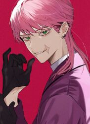  1boy adjusting_clothes adjusting_gloves black_gloves collared_shirt ear_piercing eyelashes fang from_side gloves green_eyes hand_on_own_wrist hand_up highres jacket looking_at_viewer male_focus medium_hair multiple_piercings piercing pink_background pink_hair purple_jacket sanzu_haruchiyo scar scar_on_face scar_on_mouth shirt smirk solo tokyo_revengers tottiriti upper_body white_shirt 