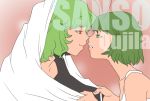 2girls antennae blanket green_eyes green_hair kazami_yuuka kiss multiple_girls onikobe_rin red_eyes short_hair touhou wriggle_nightbug 