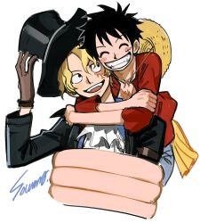  2boys ^_^ ascot black_coat black_hair black_hat blonde_hair blue_shirt blush_stickers brothers brown_gloves closed_eyes coat commentary_request gloves hat hug hug_from_behind looking_at_another male_focus monkey_d._luffy multiple_boys one_piece red_shirt sabo_(one_piece) sash scar scar_on_face shirt short_hair siblings simple_background smile solo souma_(soumadian) straw_hat top_hat white_ascot white_background yellow_sash 