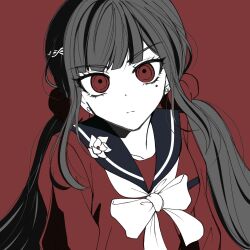  1girl black_sailor_collar blunt_bangs brown_hair danganronpa_(series) danganronpa_v3:_killing_harmony hair_ornament hair_scrunchie harukawa_maki highres long_hair long_sleeves looking_at_viewer low_twintails mole mole_under_eye red_eyes red_scrunchie red_shirt sailor_collar satori_(aosky9077) scrunchie shirt solo twintails 