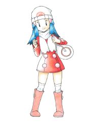  1girl bag beanie blue_eyes blue_hair boots clenched_hand coat coat_dress dark_blue_hair dora_mentaiko dress duffel_bag full_body hair_ornament hairclip hands_up hat highres hikari_(pokemon) kneehighs long_hair long_sleeves looking_at_viewer no_pants parody pink_footwear pokemon pokemon_dppt pokemon_gsc_(style) pokemon_platinum pokemon_rgby_(style) red_coat red_dress scarf short_dress smile socks solo standing style_parody sugimori_ken_(style) white_background white_bag white_scarf white_socks winter_clothes 