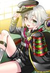  1boy armor cape garters green_eyes hat hotarumaru japanese_armor male_focus open_mouth shorts silver_hair sitting smile sock_garters sode sword touken_ranbu uzura_moimoi weapon 