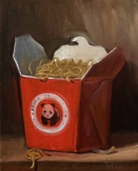  artist_name food food_focus highres no_humans noah_verrier noodles oil_painting_(medium) original painting_(medium) panda_express still_life table takeout_container traditional_media 