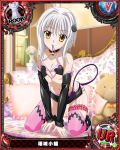  1girl breasts card_(medium) cat_hair_ornament character_name cleavage demon_tail hair_ornament high_school_dxd looking_at_viewer pink_legwear rook_(chess) silver_hair small_breasts solo tail toujou_koneko yellow_eyes 