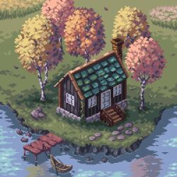  boat chimney cobblestone day dock door grass house nature no_humans original outdoors pixel_art pixel_art_journey scenery tree water watercraft window 