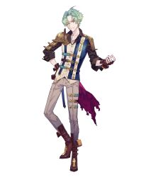  1boy absurdres armor atelier_(series) atelier_sophie_2 belt boots brown_footwear brown_gloves closed_mouth collared_shirt fingerless_gloves full_body gloves green_hair grey_pants hand_on_own_hip highres jewelry long_sleeves looking_at_viewer male_focus necklace noco_(adamas) official_art olias_enders pants parted_bangs second-party_source shirt short_hair shoulder_armor simple_background smile solo standing white_background yellow_eyes 