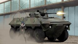  1girl animal_ears armored_personnel_carrier armored_vehicle autocannon black_hair building bundeswehr cannon dead-robot dust firing gun luchs_afv military military_vehicle original rabbit_ears vehicle_focus weapon 