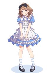  1girl absurdres ahoge alice_(alice_in_wonderland) alice_(alice_in_wonderland)_(cosplay) apron back_bow black_bow black_footwear blue_dress blue_eyes blush bow braid brown_hair buttons cosplay dot_nose dress flat_chest frilled_apron frilled_dress frills full_body hair_bow head_tilt highres idolmaster idolmaster_million_live! looking_at_viewer low_twin_braids mary_janes medium_hair puffy_short_sleeves puffy_sleeves shoes short_sleeves smile socks solo standing striped_clothes striped_socks suou_momoko twin_braids wavy_hair white_apron white_background yukipo_p 