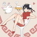  1girl alternate_costume alternate_hairstyle bird black_hair blue_eyes braid bun_cover china_dress dera_mochimazzui double_bun food goblet hair_bun kitashirakawa_tamako momose_(oqo) nikuman oversized_object short_hair tamako_market wineglass 