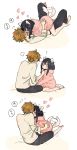  &gt;_&lt; 1boy 1girl ? animal_ears barefoot black_hair blush blush_stickers bottomless closed_eyes couple dog_ears dog_tail face_licking heart hoodie kiss kitashirakawa_tamako licking light_brown_hair long_hair lying lying_on_person messy_hair momose_(oqo) on_back ooji_mochizou open_mouth pants paw_print sitting spoken_question_mark straddling sweatdrop sweater tail tail_wagging tamako_market wariza 