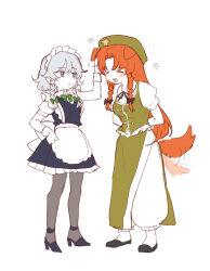  2girls =_= animal_ears apron back_bow beret black_bow black_footwear black_ribbon blue_dress blue_eyes blush bow bowtie braid collared_shirt commentary_request dog_ears dog_tail dress frilled_shirt frills full_body green_bow green_bowtie green_hat green_vest grey_hair grey_pantyhose hand_on_another&#039;s_head hat headpat high_heels highres hong_meiling izayoi_sakuya long_hair maid maid_apron maid_headdress multiple_girls orange_hair pantyhose puffy_short_sleeves puffy_sleeves ribbon sarukana shirt short_hair_with_long_locks short_sleeves side_slit simple_background sketch standing tail touhou twin_braids very_long_hair vest white_background 