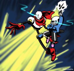  2010s 2018 2boys 2d artist_name battle blue_jacket bone brothers commentary digital_media_(artwork)	 duo english_commentary gasterblaster gloves glowing glowing_eye hand_up humanoid jacket male male_only monster monster_boy papyrus_(undertale) peanutable raised_arm raised_hand reaching reaching_out red_gloves sans_(undertale) siblings skeleton undead undertale 