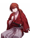  1boy dango food highres himura_kenshin japanese_clothes katana kazari_tayu long_hair ponytail redhead rurouni_kenshin scar sword violet_eyes wagashi weapon 