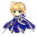  1girl ahoge armor armored_dress blonde_hair cape chibi dress erusen_(des-arms) excalibur fate/stay_night fate_(series) green_eyes saber solo 