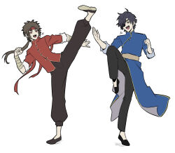  2boys black_hair brown_hair chinese_clothes date_masamune_(sengoku_basara) eyepatch full_body gakuen_basara headband high_kick highres kicking leg_up long_hair low_ponytail male_focus multiple_boys nd_(nuuchadon10) official_alternate_costume red_eyes red_headband sanada_yukimura_(sengoku_basara) sengoku_basara short_hair simple_background white_background yellow_eyes 