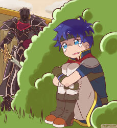  2boys absurdres alondite anime_girl_hiding_from_a_terminator_(meme) armor artist_name black_armor black_knight_(fire_emblem) blue_eyes blue_hair bush cape crying fingerless_gloves fire_emblem fire_emblem:_path_of_radiance gloves grass green_headband headband helmet hiding highres holding holding_sword holding_weapon hugging_own_legs ike_(fire_emblem) male_focus meme multiple_boys on_grass outdoors red_cape short_hair sitting sword vaicupcakes weapon 