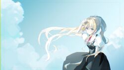  1girl air_(visual_novel) black_dress blonde_hair blue_eyes blue_sky blush bow closed_mouth collared_shirt commentary_request cowboy_shot cross_print day dress floating_hair frown hair_bow hand_up highres kamio_misuzu long_dress long_hair looking_ahead necktie nujii outdoors pinafore_dress ponytail puffy_short_sleeves puffy_sleeves red_necktie school_uniform shirt short_sleeves sidelocks sketch sky sleeveless sleeveless_dress solo very_long_hair white_bow white_shirt wide_shot wind 