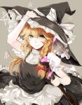  1girl amua apron arm_up blonde_hair bow braid broom grey_background hair_bow hair_ornament hat hat_ribbon kirisame_marisa long_hair looking_up puffy_sleeves ribbon shirt short_sleeves side_braid single_braid skirt skirt_set smile solo star touhou vest waist_apron witch_hat yellow_eyes 