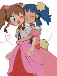  2girls ^_^ blue_eyes blue_hair blush brown_hair choker closed_eyes cropped_jacket dress fake_tail hair_ornament hairclip highres hikari_(pokemon) hug hug_from_behind jacket jiffyswirl may_(pokemon) multiple_girls official_art one_eye_closed pink_dress pokemon pokemon:_lucario_and_the_mystery_of_mew pokemon_(anime) pokemon_dppt pokemon_dppt_(anime) pokemon_rse pokemon_rse_(anime) puffy_short_sleeves puffy_sleeves rabbit_tail short_hair short_sleeves smile tail twintails white_jacket yuri 