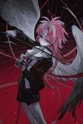  1boy antenna_hair black_jacket black_necktie black_shorts bow_(music) closed_mouth colored_skin curtained_hair dice156 feathered_wings hatsutori_hajime highres instrument jacket long_hair male_focus music necktie open_clothes open_jacket parted_bangs pink_hair playing_instrument red_eyes saibou_shinkyoku shirt shorts solo violin white_shirt white_skin white_wings wings 