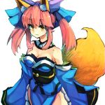  1girl :3 animal_ears bare_shoulders bei_mochi bow breasts caster_(fate/extra) cleavage collarbone cowboy_shot detached_sleeves fate/extra fate/grand_order fate_(series) fox_ears fox_tail hair_bow hair_ribbon highres japanese_clothes long_hair long_sleeves pink_hair ribbon sash simple_background sketch smile solo tail twintails white_background wide_sleeves yellow_eyes 