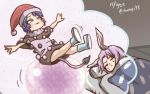  2girls :3 animal_ears blanket blob blue_hair blush_stickers boots bullet capelet chamaji commentary_request doremy_sweet dreaming dress futon hat multiple_girls nightcap pillow pom_pom_(clothes) purple_hair rabbit_ears reisen_udongein_inaba sleeping sweat tail touhou 