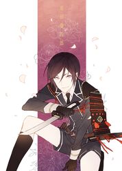  1boy black_gloves black_hair black_legwear gloves kneehighs male_focus military military_uniform necktie nobuyo_ninomiya petals shorts smile sword tantou touken_ranbu uniform violet_eyes weapon yagen_toushirou 