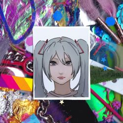  1girl album_cover_redraw blue_eyes blue_hair derivative_work expressionless grey_shirt hair_between_eyes hatsune_miku kero_kero_bonito les_doritos_terribles long_hair looking_at_viewer pink_lips portrait shirt solo time_&#039;n&#039;_place twintails vocaloid 