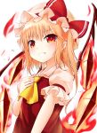  1girl ascot blonde_hair blush crystal fire flandre_scarlet grin hat hat_ribbon highres looking_at_viewer mob_cap pointy_ears puffy_sleeves red_eyes ribbon satou_(3366_s) shirt short_hair short_sleeves side_ponytail simple_background skirt skirt_set slit_pupils smile solo touhou upper_body vest white_background wings 