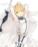  1girl aestus_estus ahoge blonde_hair bodysuit fate/extra fate/extra_ccc fate_(series) flam_(81) green_eyes impossible_clothes lock padlock saber_bride solo sword veil weapon 
