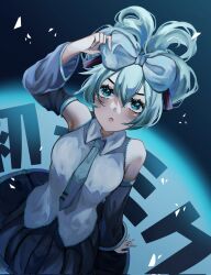  1girl black_skirt blue_bow blue_eyes blue_hair blue_necktie blush bow cinnamiku commentary detached_sleeves eyelashes from_above fuyurnn hair_between_eyes hair_bow hair_bun hatsune_miku highres looking_at_viewer necktie sidelocks skirt solo vocaloid wing_collar 