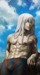  1boy abs bird clouds highres leaning_back lips long_hair looking_to_the_side nose ocean original robert_knight rock seagull silver_hair sky solo swim_trunks topless yellow_eyes 