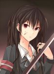  1girl armband black_hair blood blood_on_face brown_eyes collarbone hair_tucking kanpyo_(hghgkenfany) katana long_hair looking_at_viewer original school_uniform solo sword upper_body weapon 