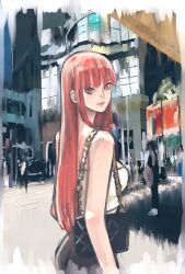  1girl bag bandeau blunt_bangs blurry blurry_background chainsaw_man closed_mouth commentary cowboy_shot crosswalk eyelashes handbag highres long_hair looking_back makima_(chainsaw_man) redhead ringed_eyes sidelocks solo takeuchi_ryousuke white_bandeau 